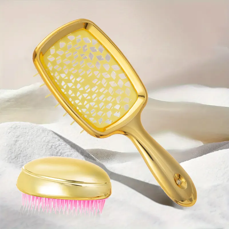 Peine de huevo dorado con puntos, juego de cepillo de pelo para desenredar dientes anchos, cepillo de paleta húmedo y seco, mango de ABS, peine de masaje hueco ahuecado
