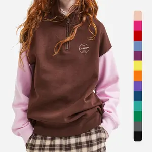 Fashion Girl High Quality Cotton Custom Embroidery Logo Half Zipper Hoodies Contrast Stitching Drop Shoulder Hooded Sweatshirt