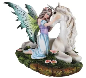 Resina jardín Hada princesa con unicornio estatua decoración del hogar elfo jardín