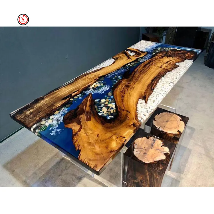 TT Offre Spéciale toute taille disponible luxe noyer bois massif bord vivant bleu rivière résine époxy salle à manger rivière table