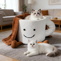 Nouveau Nid pour Chat en Polaire Corail, Moderne, Confortable, Ludique, Personnalisable, Design Créatif et Amusant, Haute Valeur Esthétique, Chaleureux, en Forme de Tasse à Café