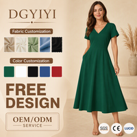 Robe Midi en Coton Doux à Col en V et Manches Courtes Coupe Évasée pour Femme, Vert Émeraude Uni, Décontractée, Personnalisable avec Logo OEM, Vente en Gros
