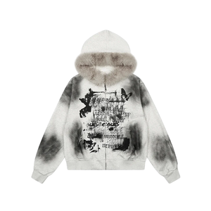 Sudadera con capucha pesada personalizada con cremallera, capucha con ribete <span class=keywords><strong>de</strong></span> piel sintética, estampado gráfico con efecto deslavado y sucio, estilo gótico streetwear, oversize para hombre - Product Image 1