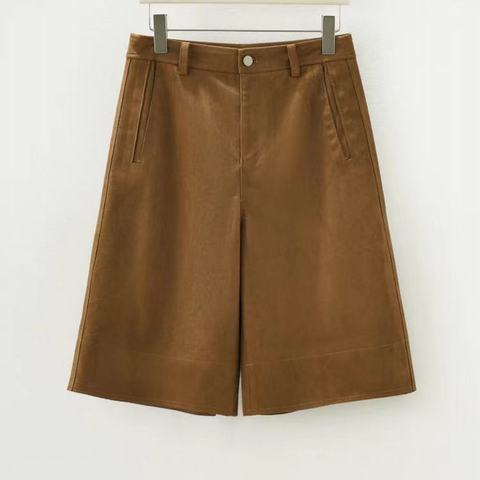 0017 Summer Women's High Waist Genuine Sheepskin Shorts Loose Straight Knee-Length Spliced Leather Shorts