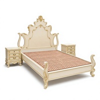 Rokoko-Bettset 3-teilig Creme-Gold Vergoldeter Massivholz-Bettrahmen mit 2 Nachttischen Queen King Cal King für Hotel-Schlafzimmer