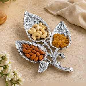 <b>Vintage</b> Silver Metal Leaf Shaped Serving Tray 3 Compartment Dry Fruit Platter Decorative Snack Bowl Tabletop Home Decor - Product Image 3