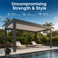 Pergola bioclimatique motorisée d'extérieur, gazebo mural en aluminium avec toit à lamelles ouvrables imperméables pour balcon