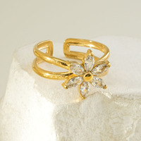 Bague ajustable à ouverture double couche en acier inoxydable plaqué or 18 carats, motif floral, style européen transfrontalier