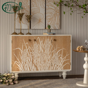 Aparador de Madera Maciza Estilo Wabi Sabi con Tallado de Plantas, Mueble Decorativo Hecho a Mano de 900 mm para Entrada - Product Image 1
