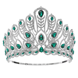 Couronne de concours de beauté de luxe en plumes de paon et strass, multicolores, avec cristaux argentés, pour mariage et concours de beauté - Product Image 1