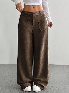 2025 Vintage pantaloni di velluto a coste kaki tinta unita traspirante Casual stile base per le donne pantaloni dritti davanti piatto per l'autunno - Product Image 5