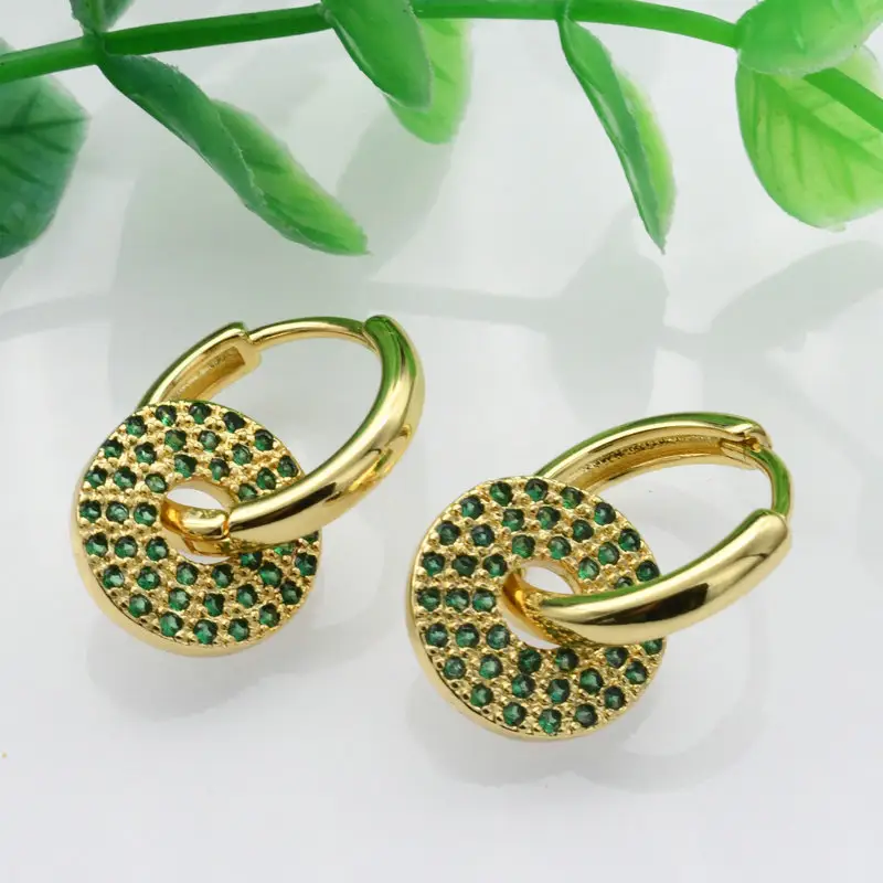 Wholesale Fashion Women Gold Plated Copper Multi CZ Setting Dangle Round Donut Clip on Hoop Earring for Women