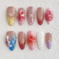 Nouvelles 10 pièces de magnifiques ongles en gel press-on 3D fleuris peints à la main, taille moyenne, design personnalisé, faux ongles à presser pour doigts