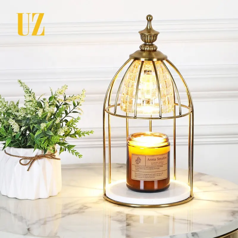 Nieuwe Koreaanse Delicate Vogelkooi Ontwerp Mozaïek Kristal Wax Bureaulamp Smelt Warmer Hotel Marmer Goud Zwarte Kaars Jar Wierook brander