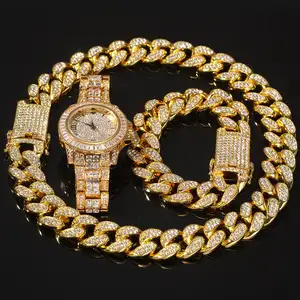 В стиле «хип-хоп», золото, розовое золото, кубинской цепочка с крупными звеньями кубинской браслет ожерелье льдом кварцевые часы для мужчин и женщин; Подарочный набор ювелирных изделий