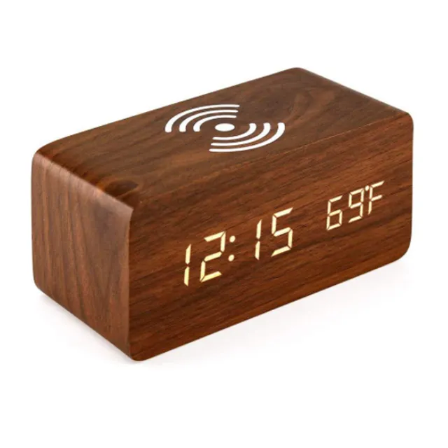温度計デジタルLED10W木製携帯電話ステーション目覚まし時計ウッドチー高速ワイヤレス充電器プレートM