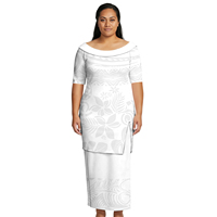Robe Puletasi pour femmes grande taille, style polynésien, motif tribal blanc, robe insulaire, col rond, style samoan