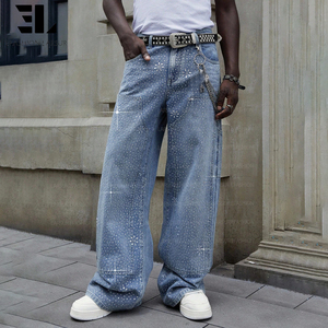Pantalon de travail à double genouillère orné de strass, lavage délavé personnalisé LARSUR, jean cargo brillant orné de bijoux - Product Image 6