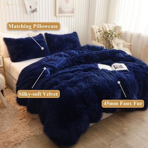 China Manufacture Faux Fur Fluffy PV Fleece <strong>Navy</strong> Blue <strong>Duvet</strong> Cover Pillowcases Bedding <strong>Set</strong> for Winter - Product Image 2
