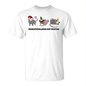 T-shirt de Noël Possum « Overstimulated But Festive » pour adulte, unisexe, à manches courtes, col rond, impression numérique - Product Image 3