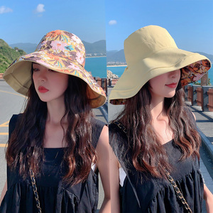 Sombrero de <span class=keywords><strong>pescador</strong></span> de ala grande para viajes de verano, sombrero de sombrilla estampado usable de doble cara para mujer - Product Image 6