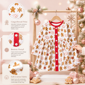 Pijamas de Natal para Meninas com Estampa de Biscoito de Gengibre, 100% Algodão, Ecológicos, Certificados CPC CPSIA, Atacado Puresun, para Crianças de 2 a 10 Anos - Product Image 2