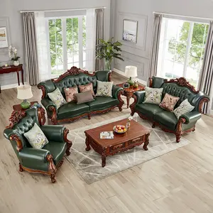 Popular Designs Wooden Leather Sofa Classic American Style Living Room Sofa Solid Wood Genuine Leather Carving Sofa Set