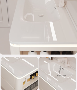 Meuble-lavabo mural blanc crème avec tiroir, étagère ouverte, miroir intelligent LED et vasque intégrée - Product Image 6