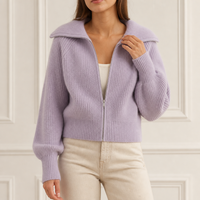 Cardigan zippé côtelé personnalisé pour femme, col châle noir, manches longues, garniture métallique, vente en gros d'usine OEM ODM, hiver