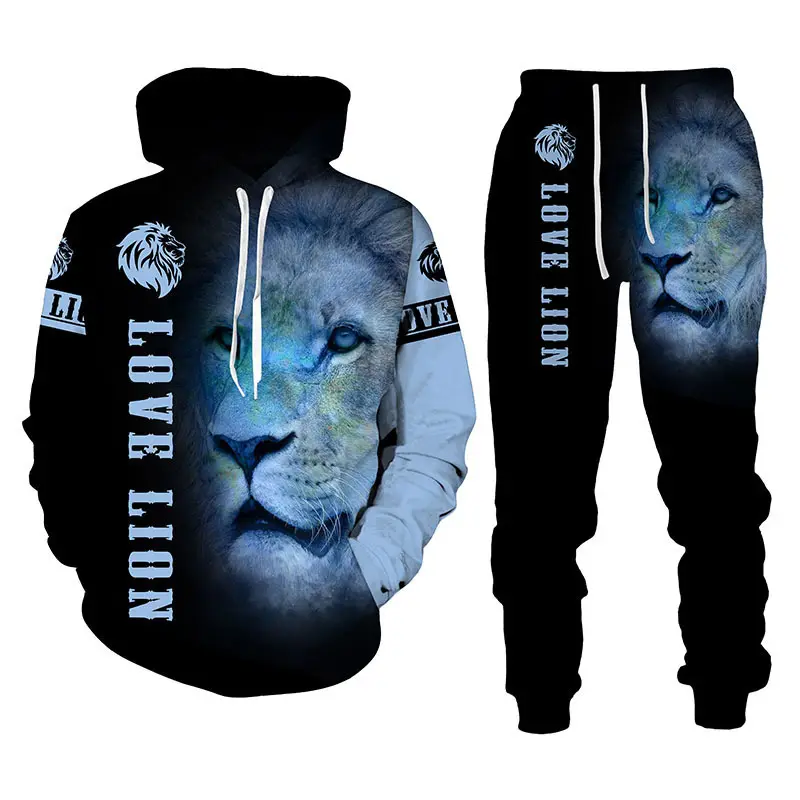 new traje de hombres camouflage hot sale 3D Animal lion Print fashion hoodies and trousers clothing sport two piece men's set