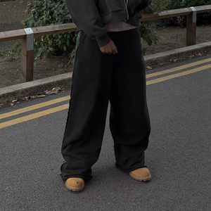 Pantalon de jogging en coton épais délavé à l'acide Huili pour homme, taille élastique, motif écossais sur le côté, coupe large et ample - Product Image 4