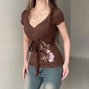 Brown Eco-Friendly Breathable Anti-Uv Vintage Tie-Front V-Neck Floral T-<b>Shirt</b> New Chinese Embroidery Knit Stretch Comfort Fit - Product Image 1