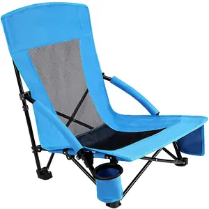 חדש גבוהה חזרה מתקפל חוף כיסא קל משקל נמוך קלע גבוהה רשת חזרה קמפינג כיסא עם צד כיס מחזיק כוס מנגל כיסאות