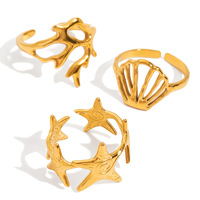 Ensemble de bagues côtières pour femmes en acier inoxydable plaqué or 18 carats, coquillage ouvert, corail, étoile de mer, ajustables, empilables, minimalistes, thème océan