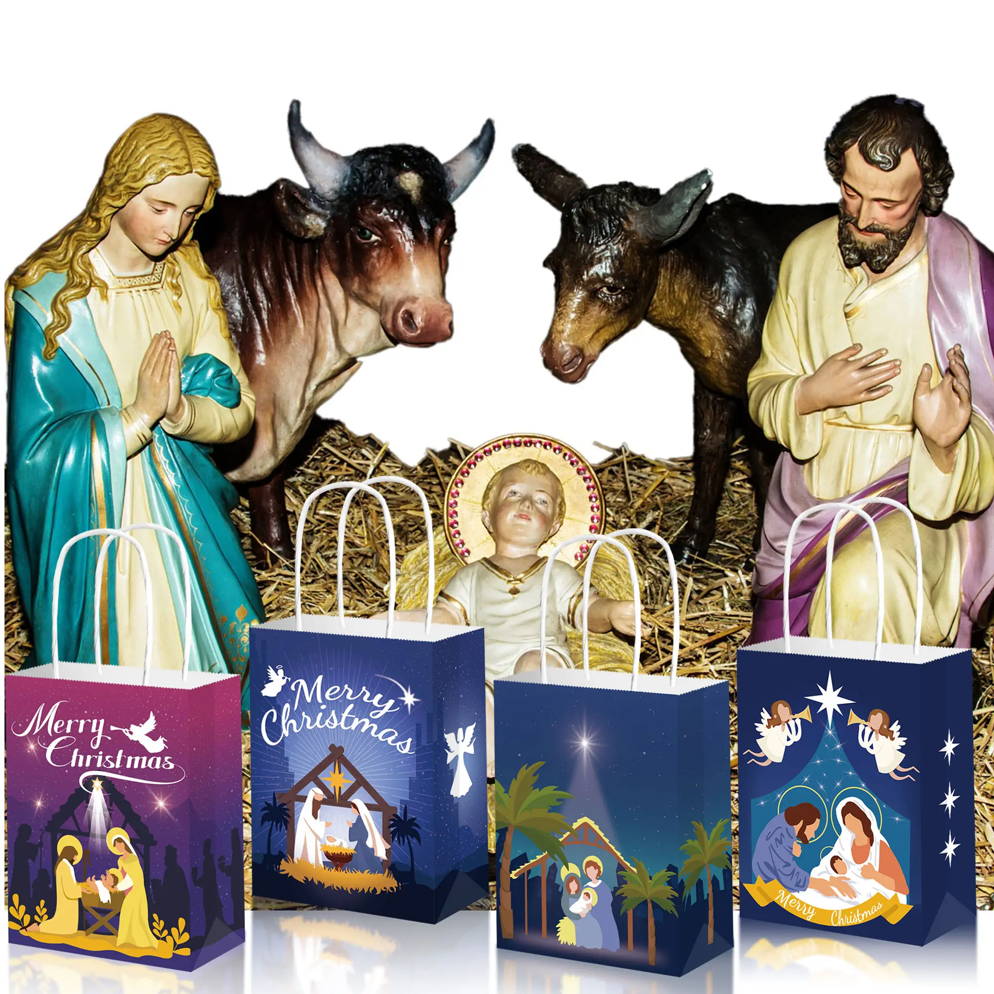 BD157 Frohe Weihnachten Süßigkeiten-Tasche Party mit Griffen Kraftpapier-Tote-Handtasche für Heilige Geburt religiöser Feiertag Party