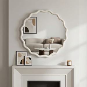 White 24 Inch Wavy Round Solid Wood Frame Decorative <b>Mirror</b> For Bedroom Bathroom Living Room Entryway - Product Image 2