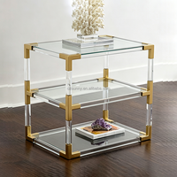 Table d'appoint de luxe à 3 niveaux avec cadre doré, étagères en verre trempé transparent et pieds en acrylique, table de chevet d'angle pour canapé avec rangement supplémentaire