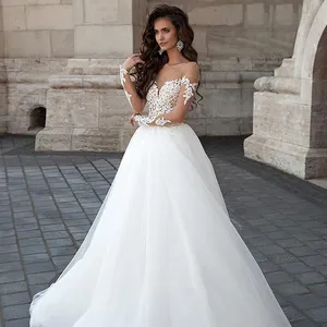 Wedding dress wholesale 2023 new bride wedding one-line shoulder long sleeve lace train large size high end wedding dress