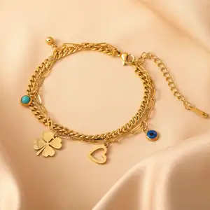 In Stock! 2023 New Design Stainless Steel Jewelry Bracelets 18K Gold Plated Cuban Rope Heart Charm Bracelet Bangles For Women