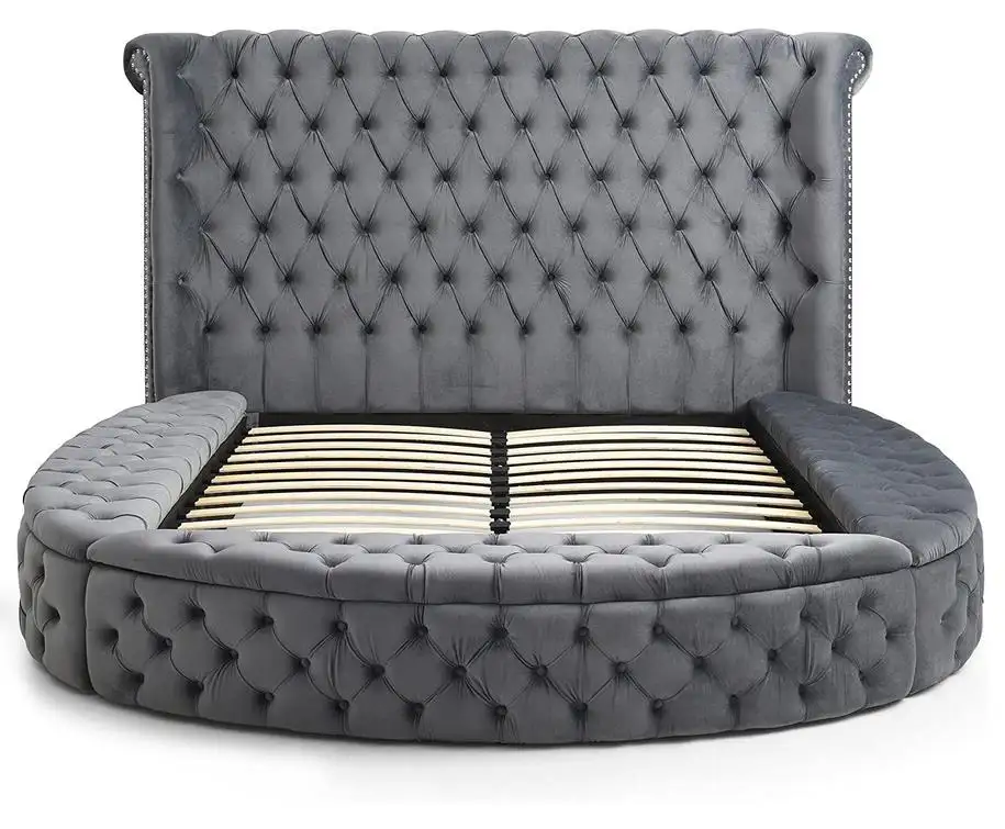 Deep Button Tufted Velvet Upholstery Round Storage Bed Luxury Good Quality Storage Beds in Gray Color