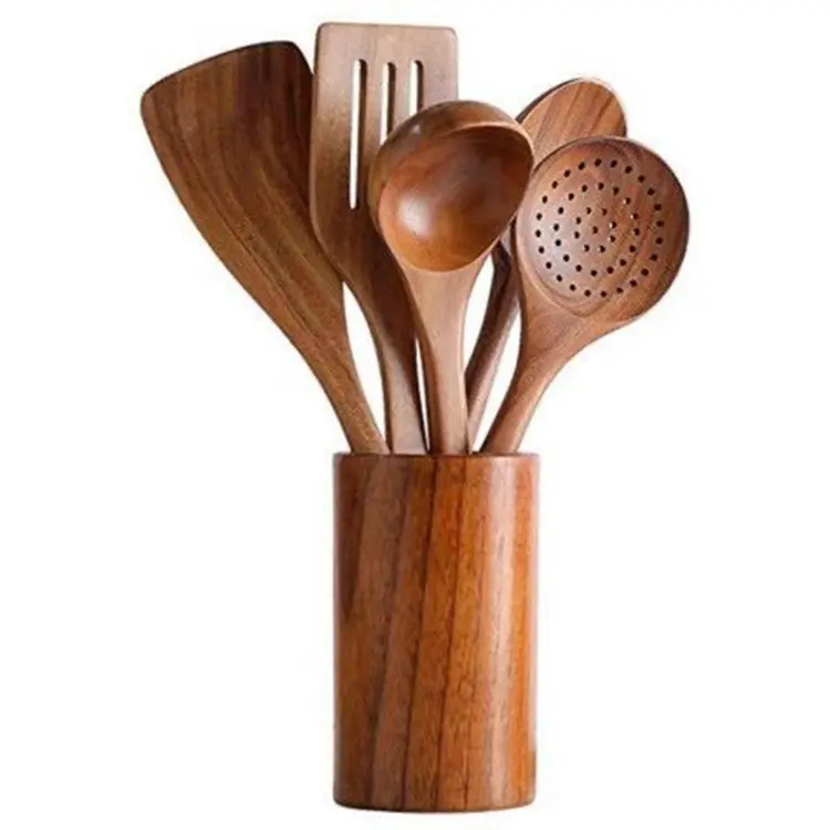 Wooden Utensils Set for Kitchen, Handmade Natural Teak Cooking Spoons Wooden Spatula for Nonstick Cookware