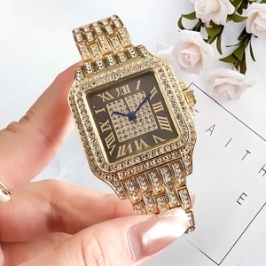 Montre ronde pour femme, entièrement ornée de strass, bracelet en acier inoxydable doré, design de luxe, mode, style antique, sport, nouvelle collection, offre spéciale - Product Image 4