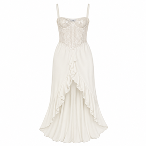 Anjie OEM ODM Vestido Midi Corsé de Encaje Color Marfil para Mujer, Etiqueta Privada Personalizada, con Volantes, Asimétrico, de Satén, para Novia, Venta al por Mayor - Product Image 1