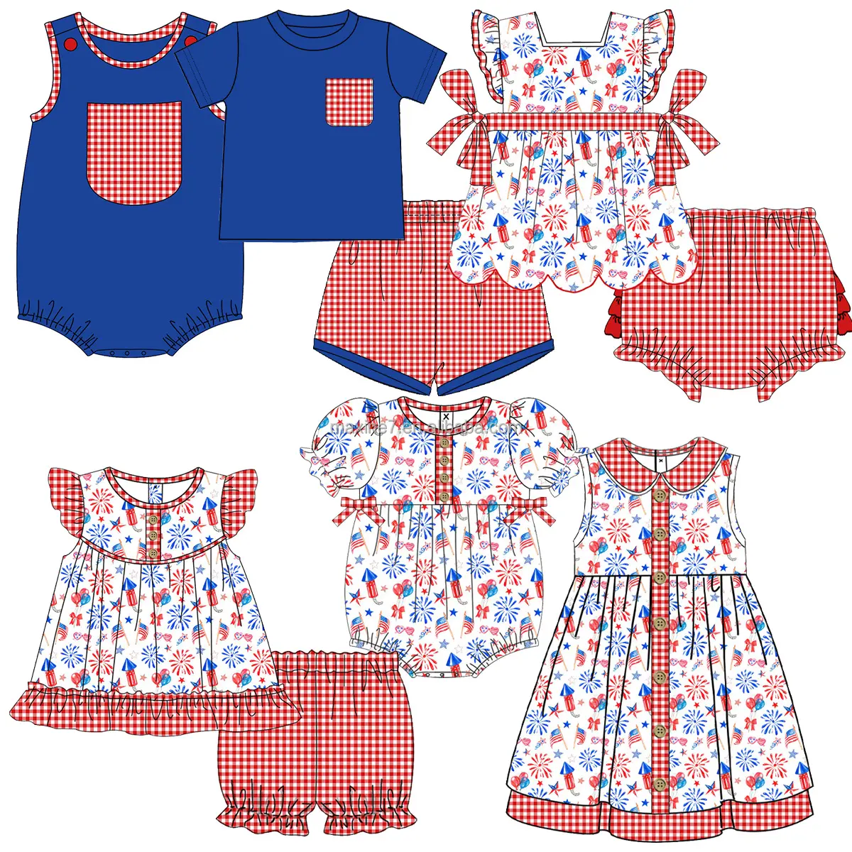 Wholesale Kids Boutique Clothing Ruffle Baby Girls Outfits Custom Prints Scallop Bows Dress 4th Of July Little Girls Sets