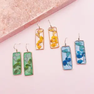 Natural dried flower butterfly earrings for Women Beautiful Flower resin drops Eternal Flower Rectangular earrings