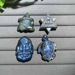 Venta al por mayor tallas de cristal piedra curativa Natural llamativo labradorita fantasma tortuga marina Ganesha Ojo del diablo Animal tallado colgantes