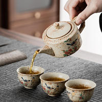 Set Teh Tanah Liat Kasar Oriental Vintage Dengan Nampan Drainase Persegi Panjang dan Teko Buatan Tangan Dengan 6 Cangkir