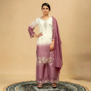 Ensemble de costume palazzo Georgette pour femme, deux tons, brodé de sequins, kurta, dupatta à séchage rapide, tenue festive indienne et pakistanaise - Product Image 1