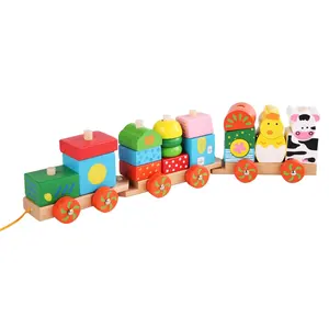 Preschool educational block set wooden multifunctional stacking train for children early education color cognitive matching toys