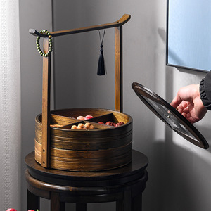 Bamboo Multi Layer Food <b>Box</b> Round Distressed <b>Vintage</b> Color Portable Carrying Case For Hotels Guesthouses Teahouses Outdoor Use - Product Image 1